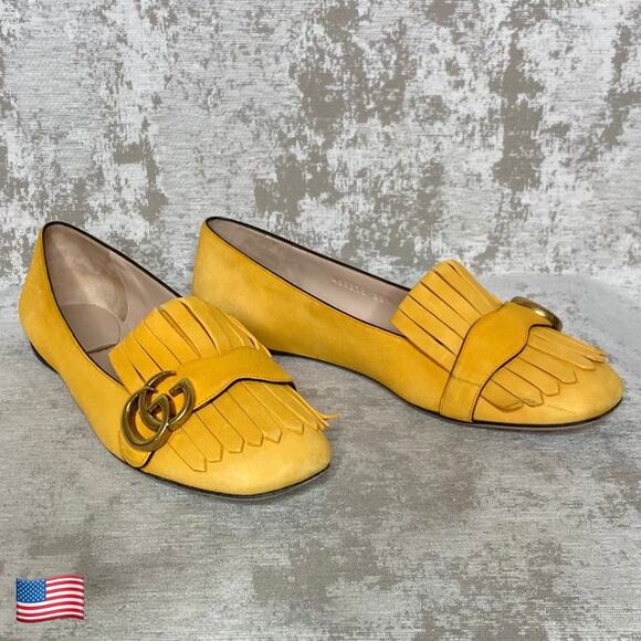 Gucci Marmont Fringe Suede Ballet Flat in Yellow - Picture 1 of 12